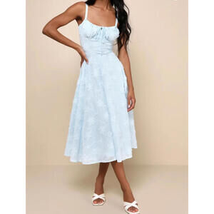 Lulus Women Darling Confidence Light Blue Rosette Bustier Lace-Up Midi Dress S